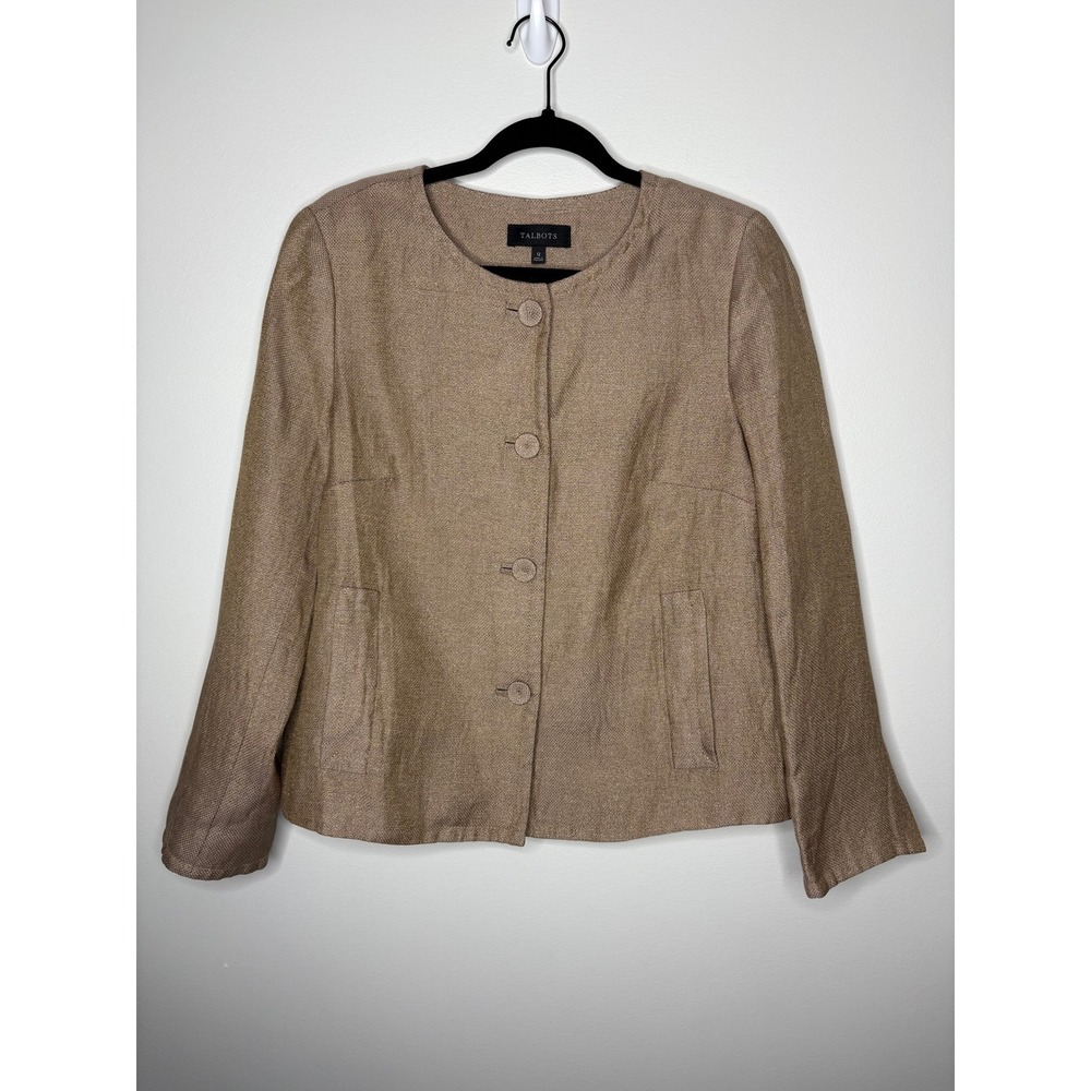 Talbots Metallic Linen Blend Button Front Blazer Jacket Tan Size 12 Metallic